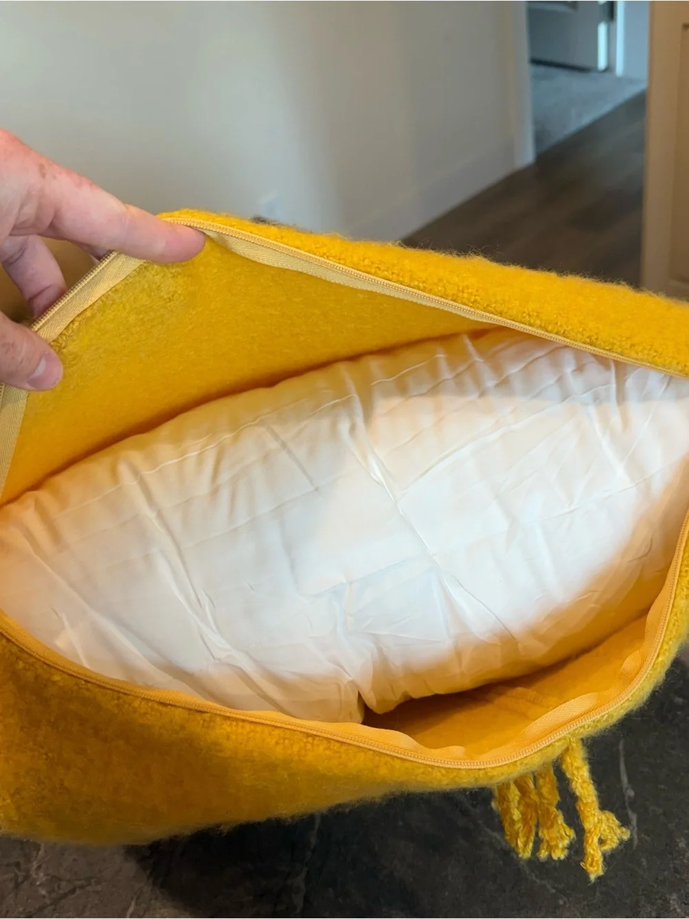 Pottery Barn mustard yellow fringe throw pillow 14”x20”